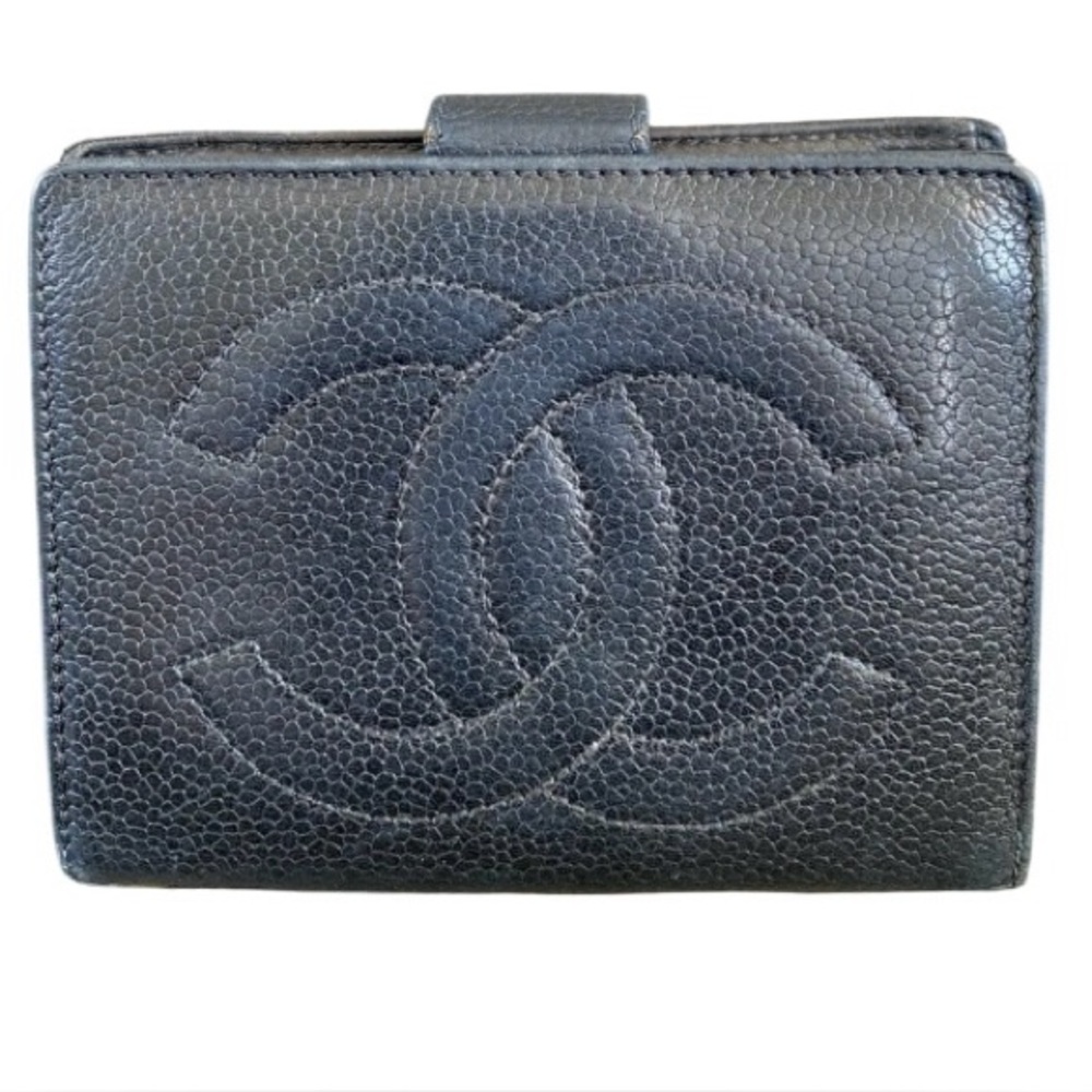 Chanel Caviar Leather CC Monogram Black French Kisslock Wallet